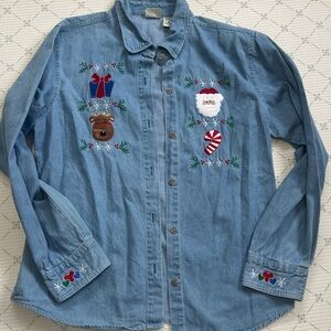 Vintage Festive Denim Shirt with Embroidered Holiday Designs